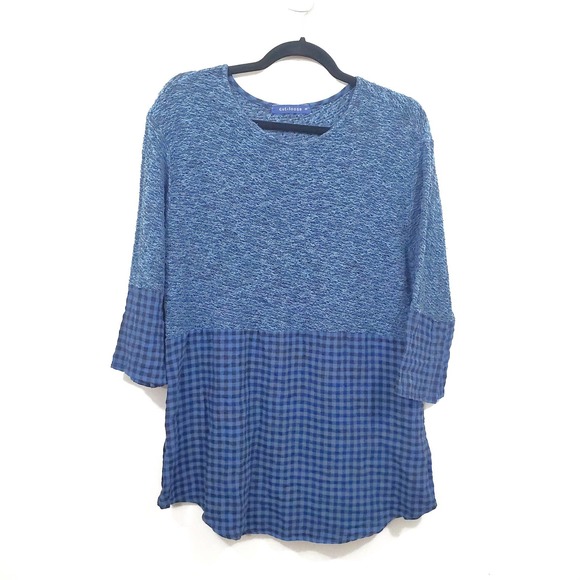 Cutloose Blue Plaid Mix Media Long Sleeve Knit Tunic Top Size S - Picture 1 of 12